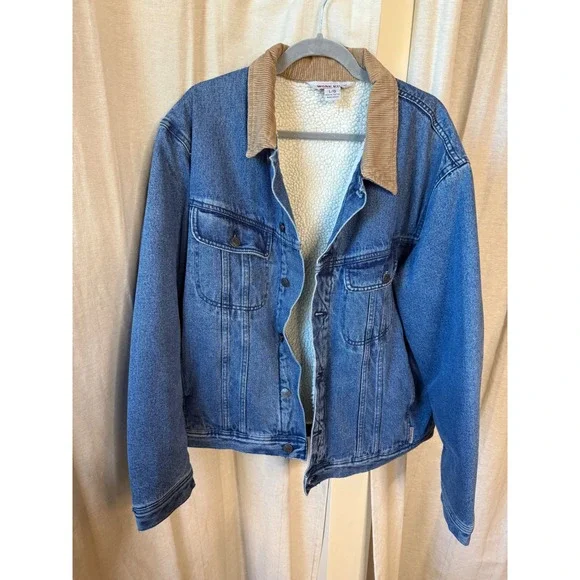 Mens Denim Jacket Corduroy Collar Sherpa‎ Lined L/G Large Blue Jean Heavy